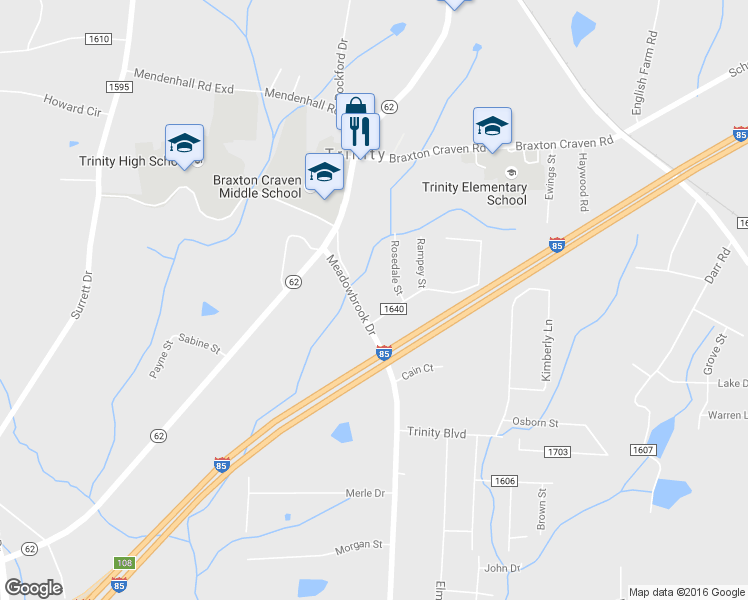 map of restaurants, bars, coffee shops, grocery stores, and more near 6128 Meadowbrook Drive in Trinity