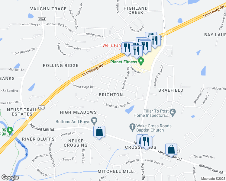 map of restaurants, bars, coffee shops, grocery stores, and more near 8105 Wesley Farm Drive in Raleigh