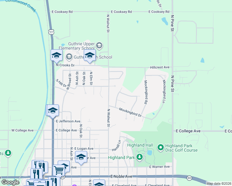 map of restaurants, bars, coffee shops, grocery stores, and more near 1116 North Walnut Street in Guthrie