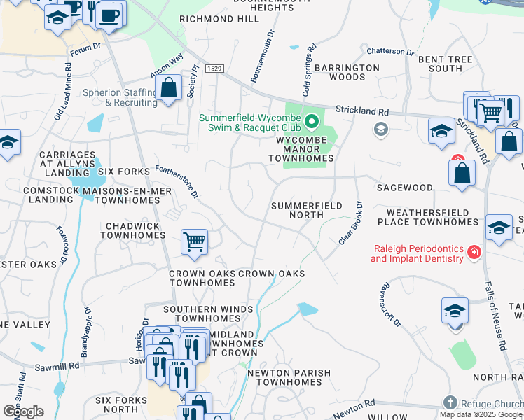 map of restaurants, bars, coffee shops, grocery stores, and more near 8120 Old Deer Trail in Raleigh