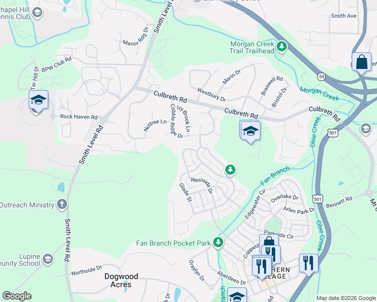 map of restaurants, bars, coffee shops, grocery stores, and more near 308 Westside Drive in Chapel Hill