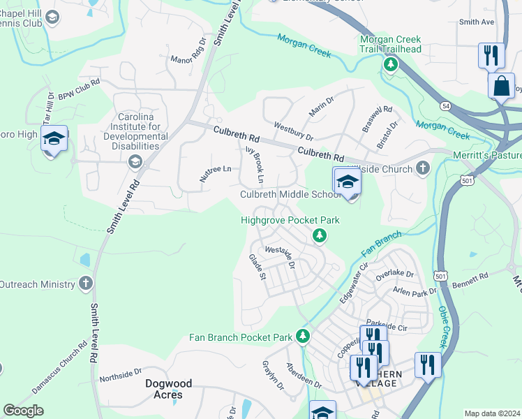 map of restaurants, bars, coffee shops, grocery stores, and more near 308 Westside Drive in Chapel Hill