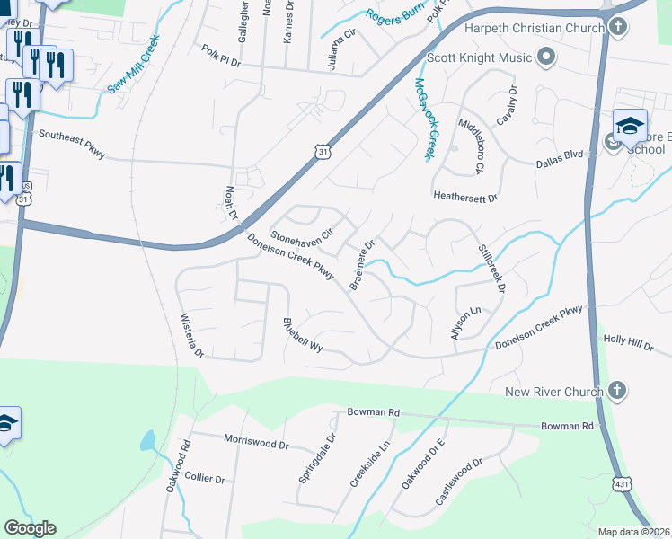 map of restaurants, bars, coffee shops, grocery stores, and more near 703 Braemere Drive in Franklin