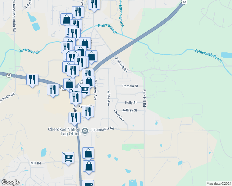 map of restaurants, bars, coffee shops, grocery stores, and more near 600 4 Rolling Hills Drive in Tahlequah
