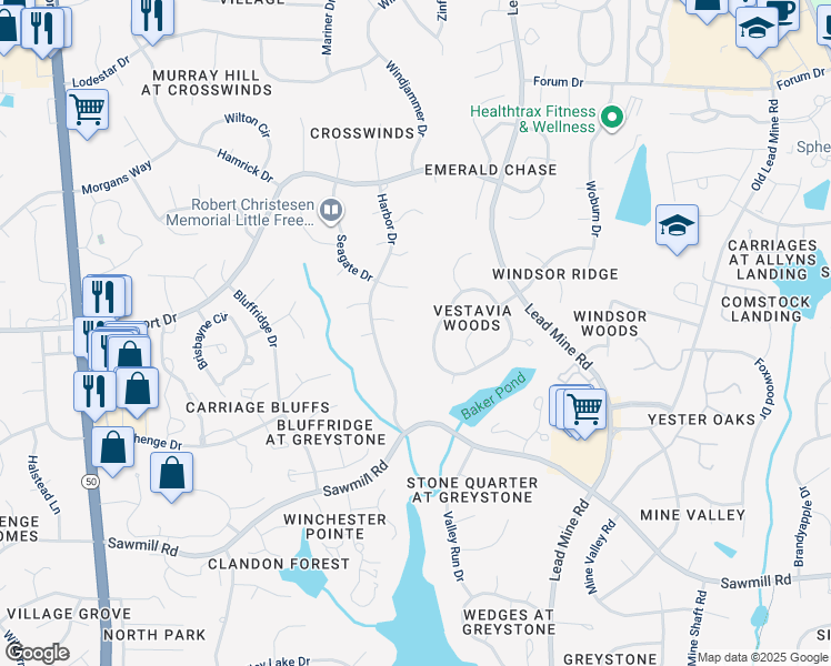 map of restaurants, bars, coffee shops, grocery stores, and more near 1043 Vestavia Woods Drive in Raleigh