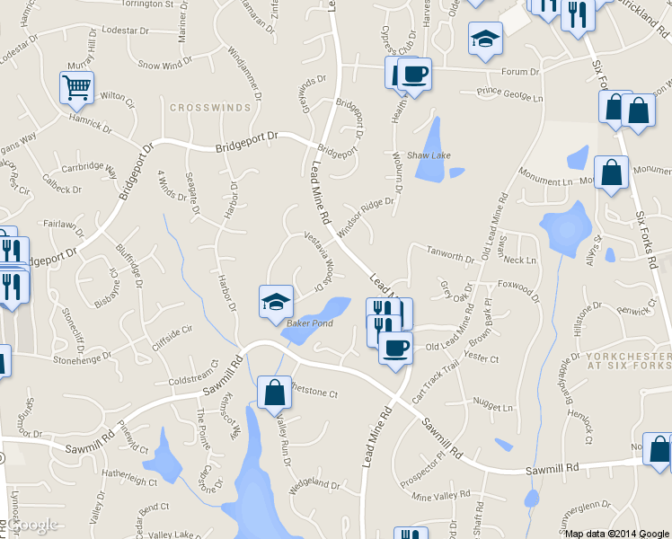 map of restaurants, bars, coffee shops, grocery stores, and more near 813 Vestavia Woods Dr in Raleigh