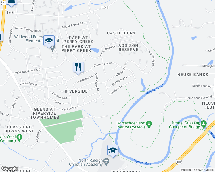 map of restaurants, bars, coffee shops, grocery stores, and more near 5901 Big Nance Drive in Raleigh