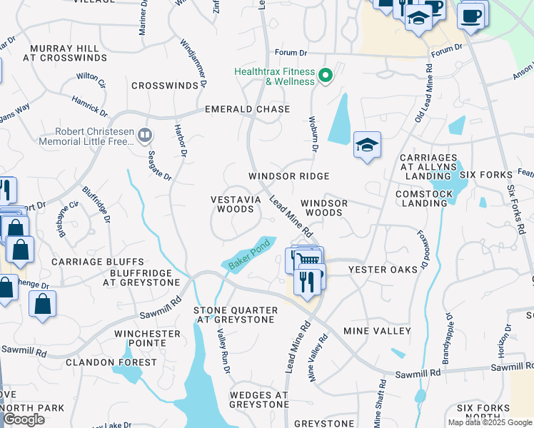 map of restaurants, bars, coffee shops, grocery stores, and more near 813 Vestavia Woods Dr in Raleigh