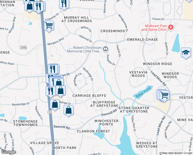 map of restaurants, bars, coffee shops, grocery stores, and more near 7916 Bluffridge Drive in Raleigh