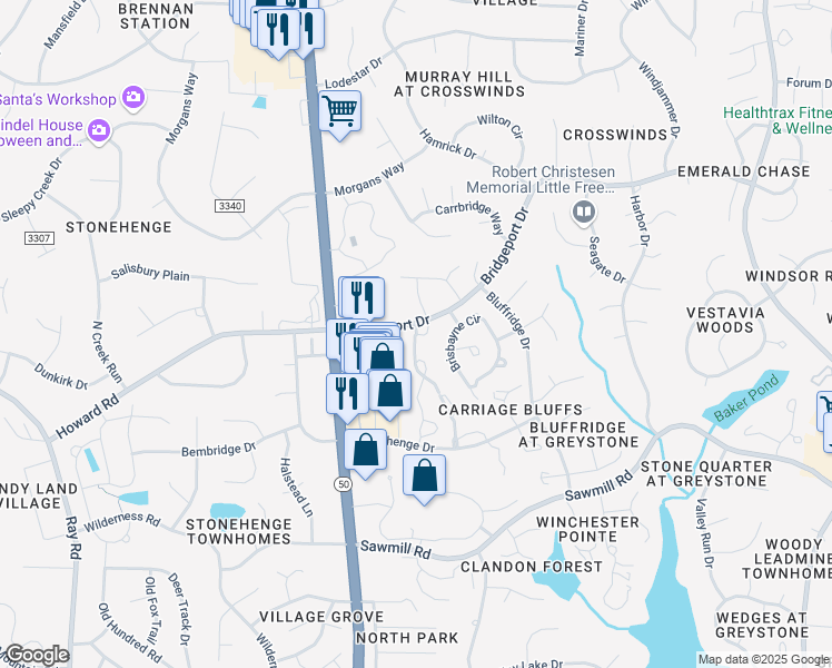 map of restaurants, bars, coffee shops, grocery stores, and more near 7220 Stonecliff Drive in Raleigh