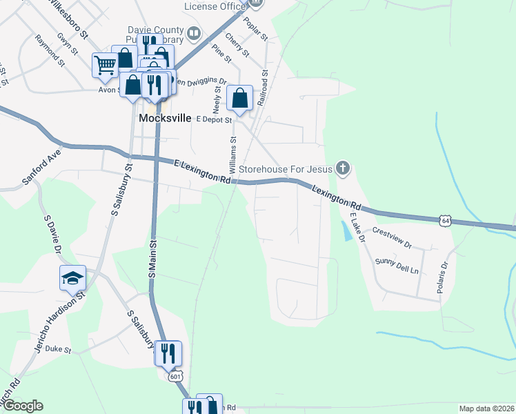 map of restaurants, bars, coffee shops, grocery stores, and more near 228 Mill Street in Mocksville
