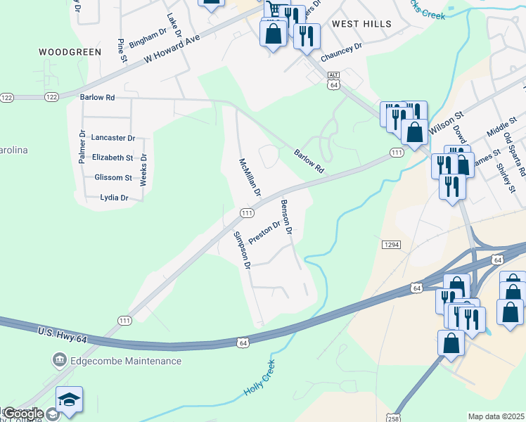map of restaurants, bars, coffee shops, grocery stores, and more near 1706 Preston Drive in Tarboro