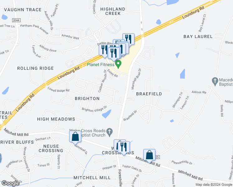map of restaurants, bars, coffee shops, grocery stores, and more near 8128 Tara Ridge Road in Raleigh