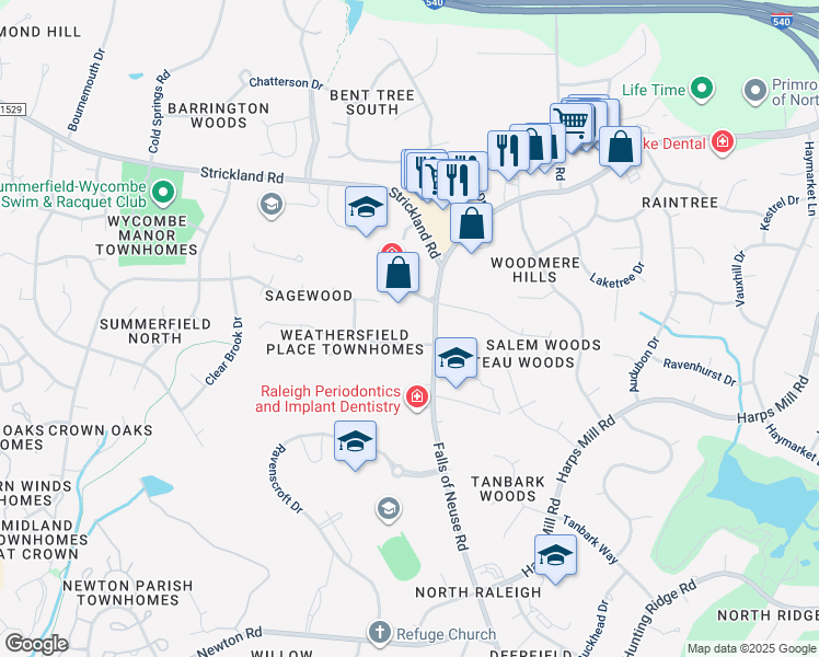map of restaurants, bars, coffee shops, grocery stores, and more near 761 Weathergreen Drive in Raleigh