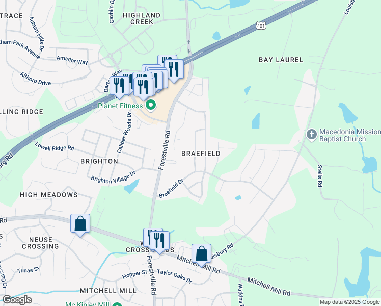 map of restaurants, bars, coffee shops, grocery stores, and more near 3207 Braefield Drive in Raleigh