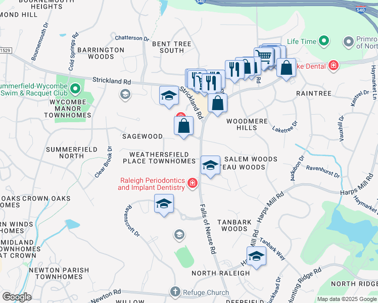 map of restaurants, bars, coffee shops, grocery stores, and more near 761 Weathergreen Drive in Raleigh