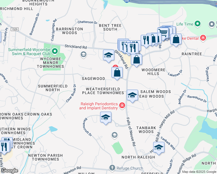 map of restaurants, bars, coffee shops, grocery stores, and more near 718 Weathergreen Drive in Raleigh