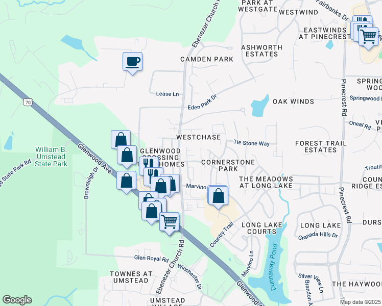 map of restaurants, bars, coffee shops, grocery stores, and more near 8512 Arboles Court in Raleigh