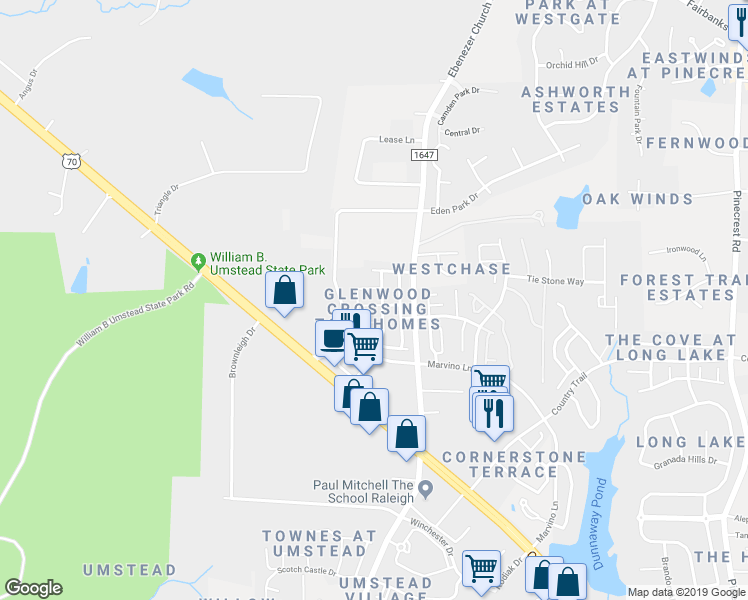 map of restaurants, bars, coffee shops, grocery stores, and more near 8702 Braxwood Place in Raleigh