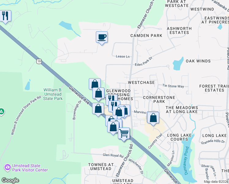 map of restaurants, bars, coffee shops, grocery stores, and more near 8702 Braxwood Place in Raleigh