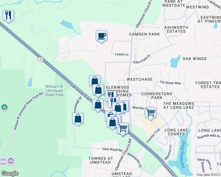 map of restaurants, bars, coffee shops, grocery stores, and more near 8303 Deckbar Place in Raleigh