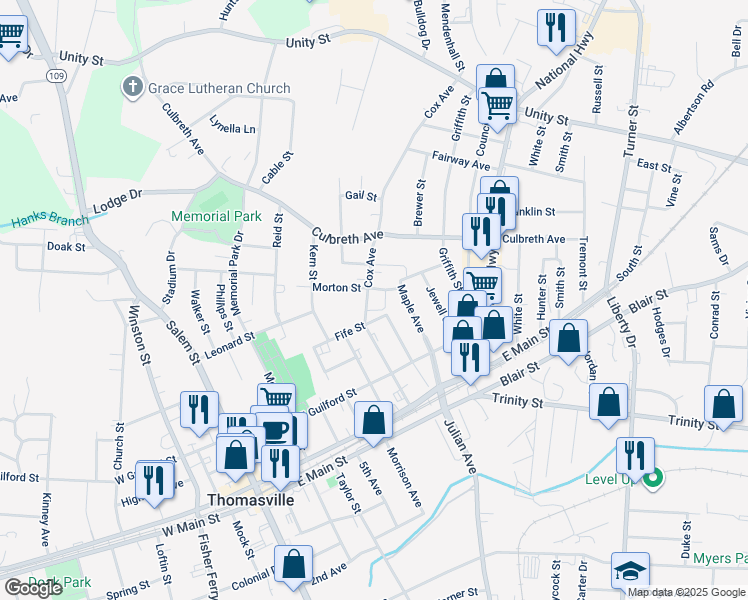map of restaurants, bars, coffee shops, grocery stores, and more near 119 Hobbs Avenue in Thomasville