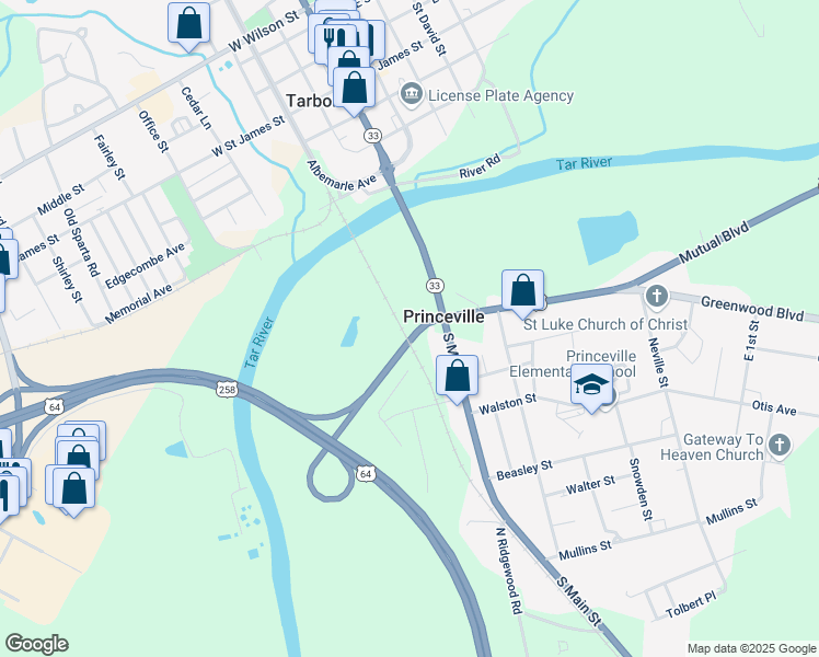 map of restaurants, bars, coffee shops, grocery stores, and more near in Princeville