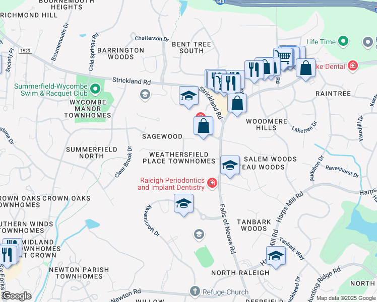 map of restaurants, bars, coffee shops, grocery stores, and more near 718 Weathergreen Drive in Raleigh