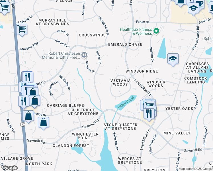 map of restaurants, bars, coffee shops, grocery stores, and more near 1043 Vestavia Woods Drive in Raleigh