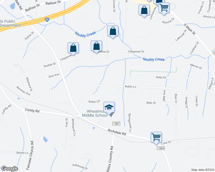 map of restaurants, bars, coffee shops, grocery stores, and more near 113 Robin Circle in Archdale