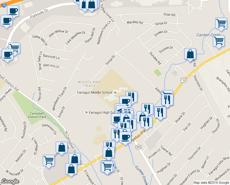 map of restaurants, bars, coffee shops, grocery stores, and more near 200 West End Avenue in Knoxville