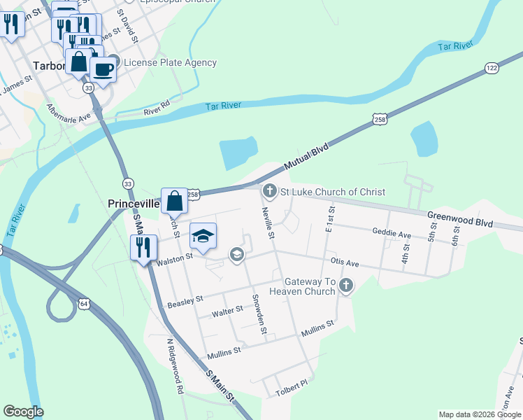 map of restaurants, bars, coffee shops, grocery stores, and more near 114 Neville Street in Princeville