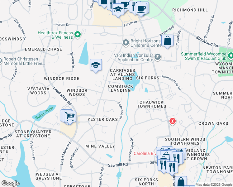 map of restaurants, bars, coffee shops, grocery stores, and more near 8004 Foxwood Drive in Raleigh