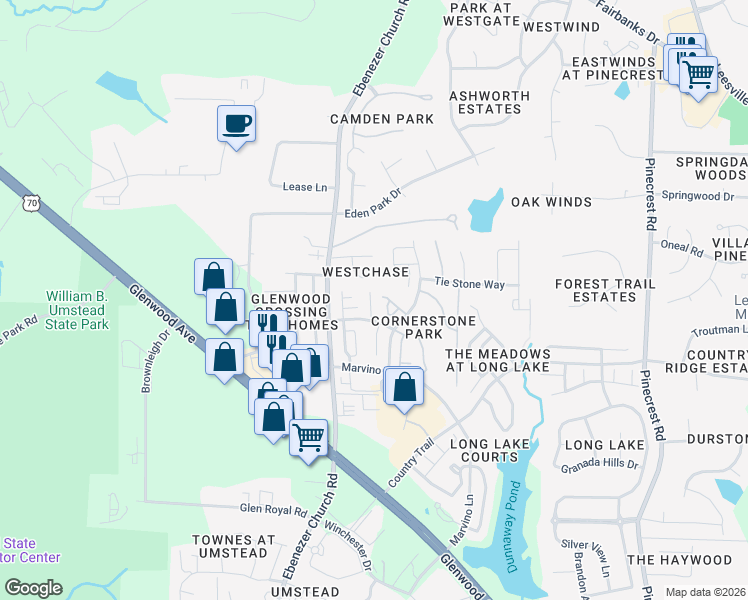 map of restaurants, bars, coffee shops, grocery stores, and more near 8217 Shadow Stone Court in Raleigh