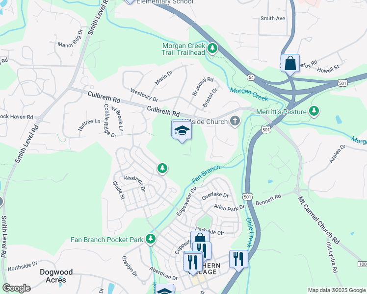 map of restaurants, bars, coffee shops, grocery stores, and more near 225 Culbreth Road in Chapel Hill