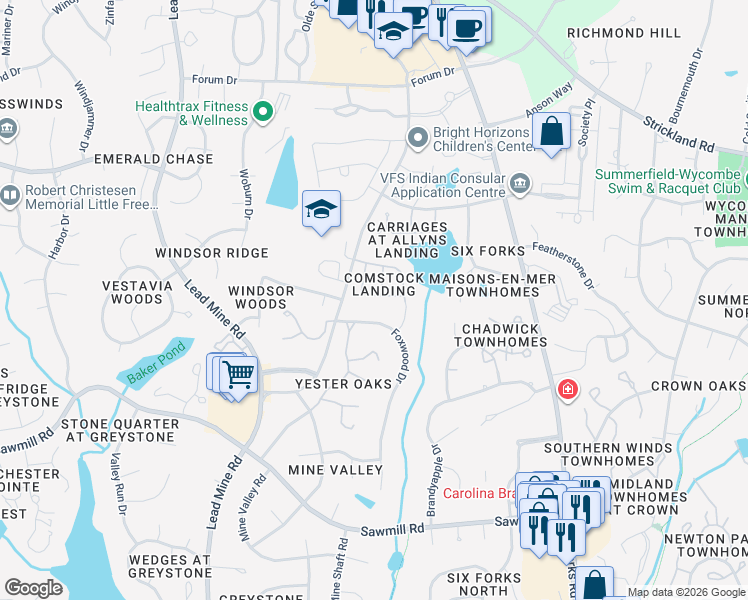 map of restaurants, bars, coffee shops, grocery stores, and more near 8004 Foxwood Drive in Raleigh