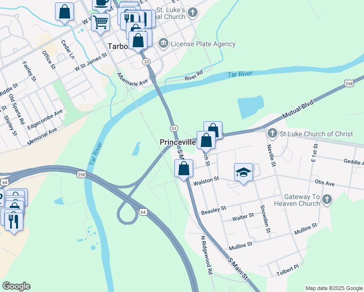 map of restaurants, bars, coffee shops, grocery stores, and more near 202 Mutual Boulevard in Princeville