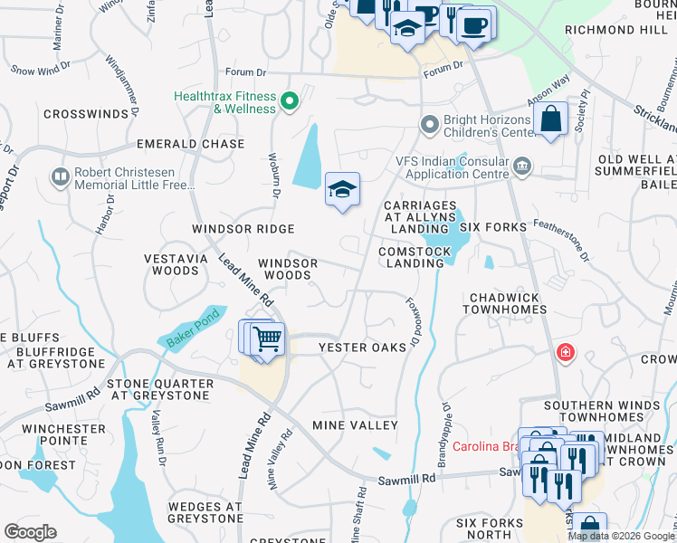 map of restaurants, bars, coffee shops, grocery stores, and more near 8000 Shillingstone Place in Raleigh