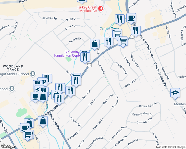 map of restaurants, bars, coffee shops, grocery stores, and more near 10914 Kingston Pike in Knoxville