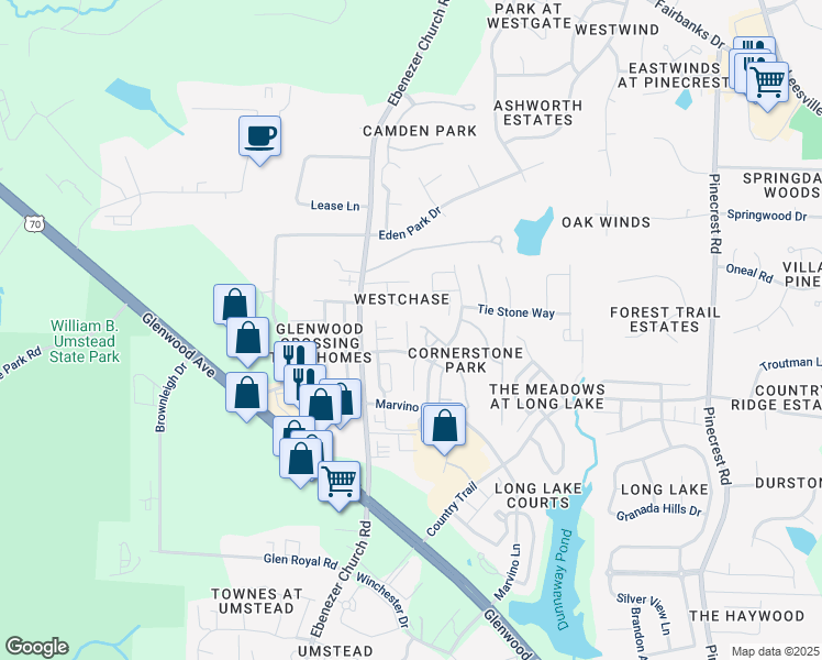 map of restaurants, bars, coffee shops, grocery stores, and more near 8310 Chimneycap Drive in Raleigh