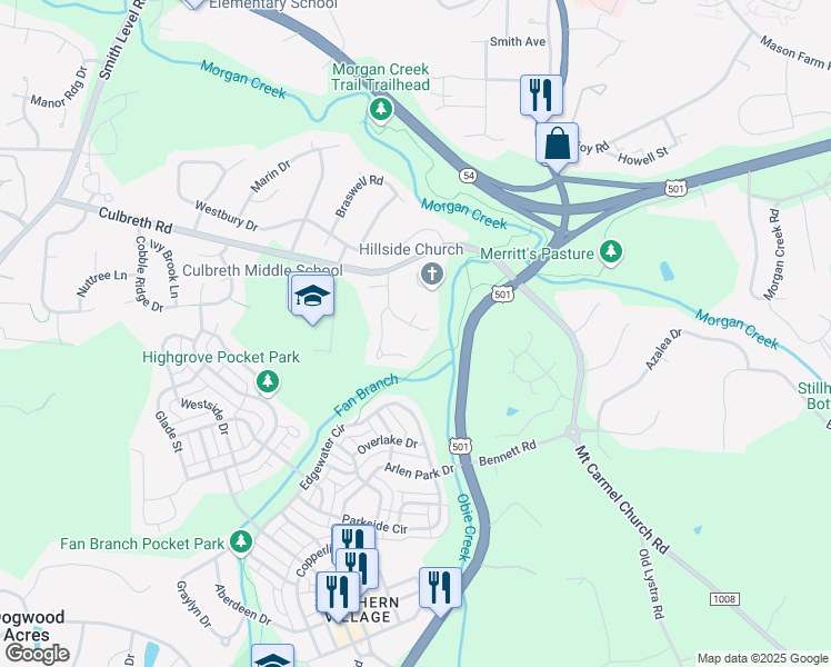 map of restaurants, bars, coffee shops, grocery stores, and more near 200 Culbreth Park Drive in Chapel Hill