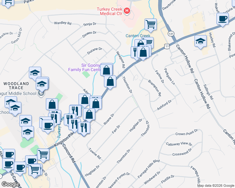 map of restaurants, bars, coffee shops, grocery stores, and more near 10914 Kingston Pike in Knoxville
