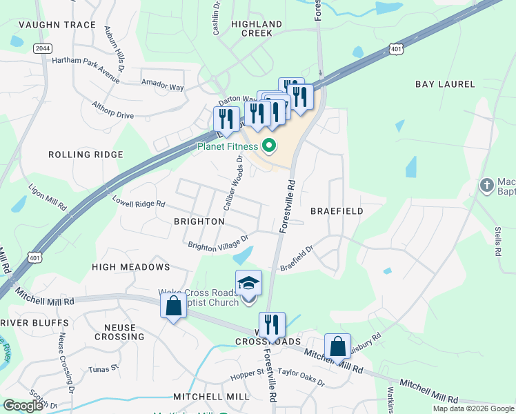 map of restaurants, bars, coffee shops, grocery stores, and more near 8113 Inverbrass Court in Raleigh