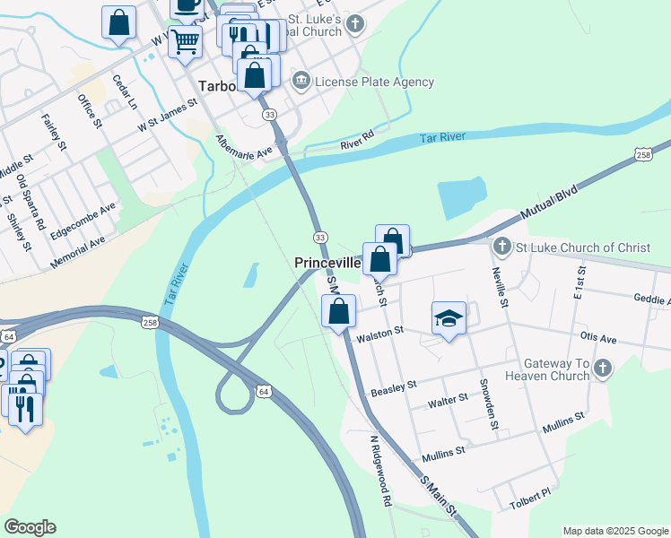 map of restaurants, bars, coffee shops, grocery stores, and more near 202 Mutual Boulevard in Princeville