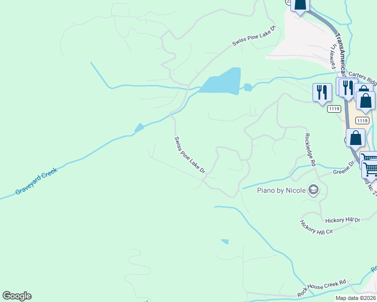 map of restaurants, bars, coffee shops, grocery stores, and more near 1021 Swiss Pine Lake Drive in Spruce Pine