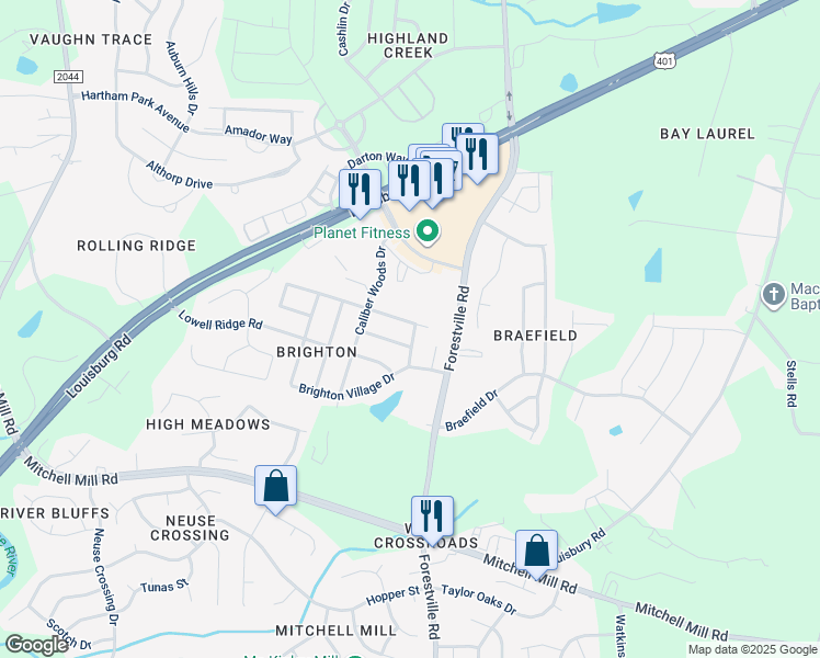 map of restaurants, bars, coffee shops, grocery stores, and more near 7548 Brighton Hill Lane in Raleigh