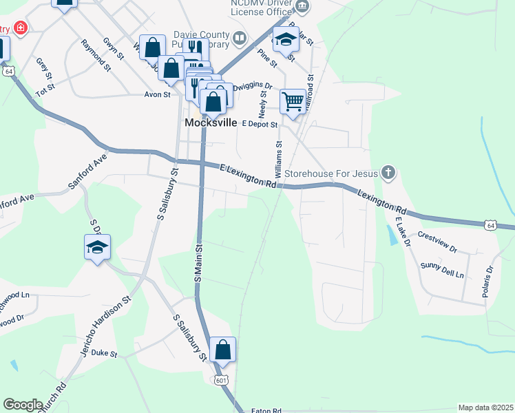 map of restaurants, bars, coffee shops, grocery stores, and more near 290 East Maple Avenue in Mocksville