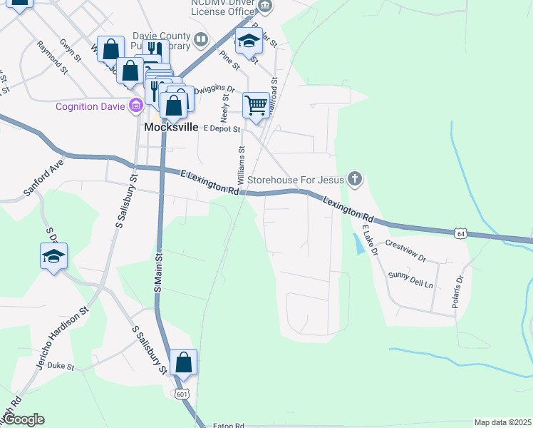 map of restaurants, bars, coffee shops, grocery stores, and more near 113 Mill Street in Mocksville