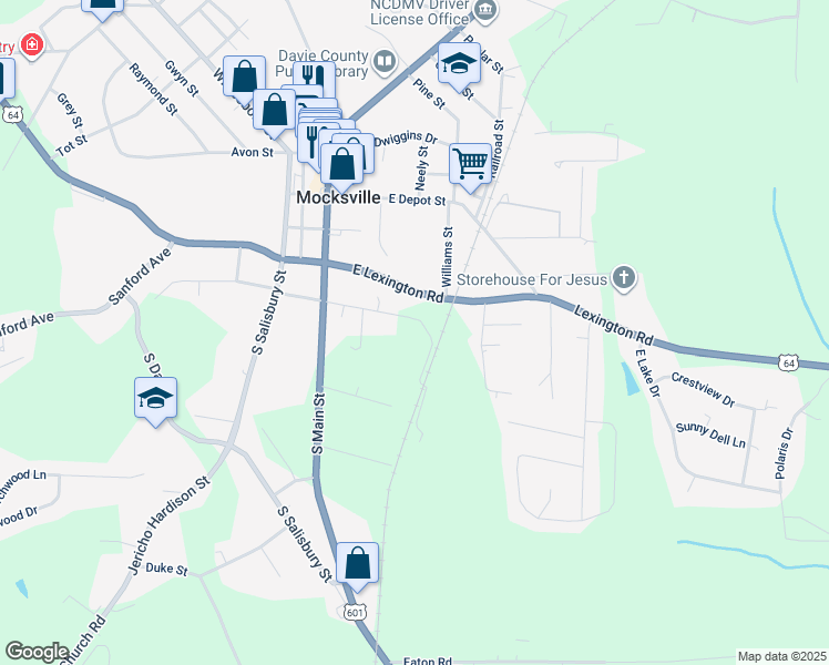 map of restaurants, bars, coffee shops, grocery stores, and more near 290 East Maple Avenue in Mocksville