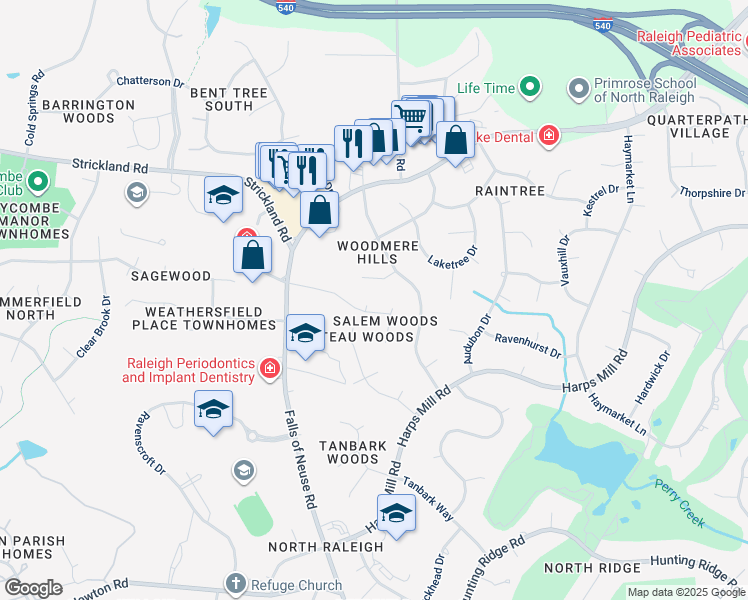 map of restaurants, bars, coffee shops, grocery stores, and more near 7604 Wrexham Court in Raleigh